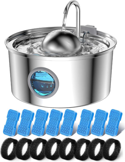 AONBOY Cat Water Fountain Stainless Steel, 108Oz/3.2L Cat Fountain, Pet Water Fountain with Water Level Window, Hemispherical Shape, Multi-Filter, Silent Pump, Water Tap, Provides Flowing Water11