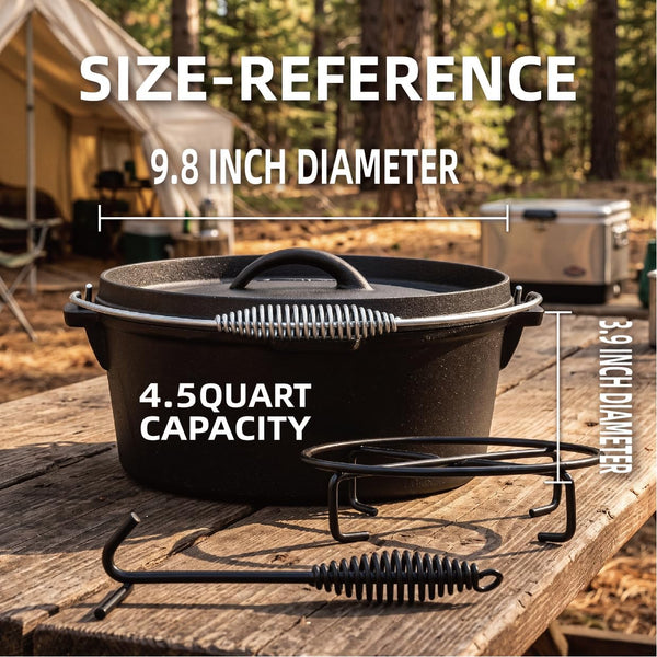 4.5Qt Camping Dutch Oven with Lid，Cast Iron Dutch Oven，Lifter Handle，Camping Tripod，Cast Iron Camping Cookware, Camping Oven - Campfire Cooking Equipment，With Free Scrubber Brush Stainless Steel Material3