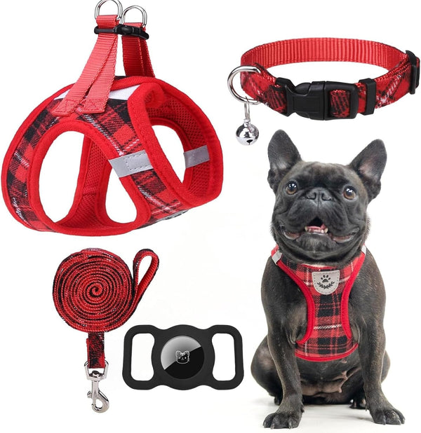 EXPAWLORER Plaid Small Dog Harness and Leash Set with Airtag Holder - No Pull Soft Padded Step in Dog Vest Harness Medium Sized Dog, Reflective Puppy Harness, Collar and Leash for Walking, Khaki S11