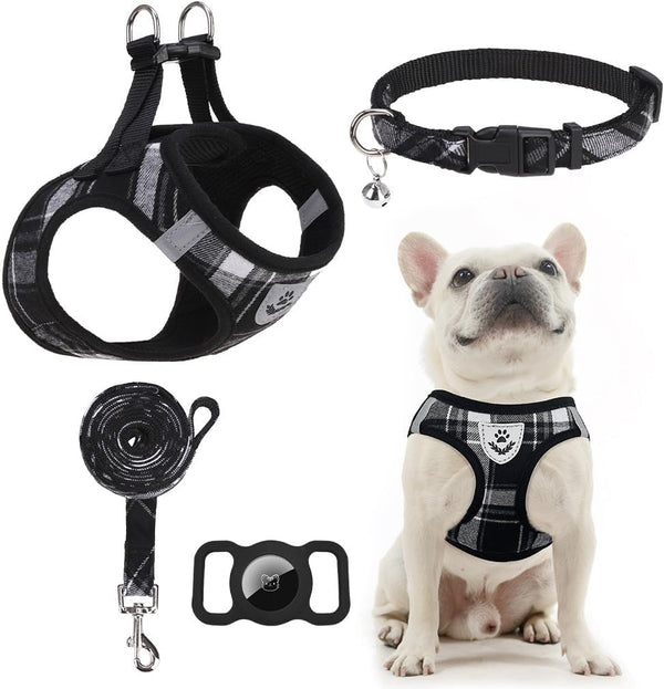 EXPAWLORER Plaid Small Dog Harness and Leash Set with Airtag Holder - No Pull Soft Padded Step in Dog Vest Harness Medium Sized Dog, Reflective Puppy Harness, Collar and Leash for Walking, Khaki S29