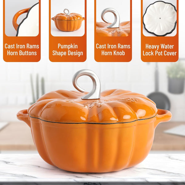 Pumpkin Dutch Oven Pot with Lid, Non-Stick Enamel Cast Iron Dutch Oven, 3.5QT Pumpkin Cocotte with Cast Iron Knob, Serves 3-5 (Orange)2