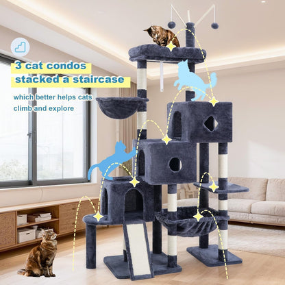 Hey-Brother Cat Tree Tower with 3 Condos, Step Climbing Pathway MPJ081G | 74.8 Inches Scratching Post with 3 House, Hammock, Large Basket, Cozy Bed, Sisal Board, Toys for Big Indoor Cats, Smoky Gray3