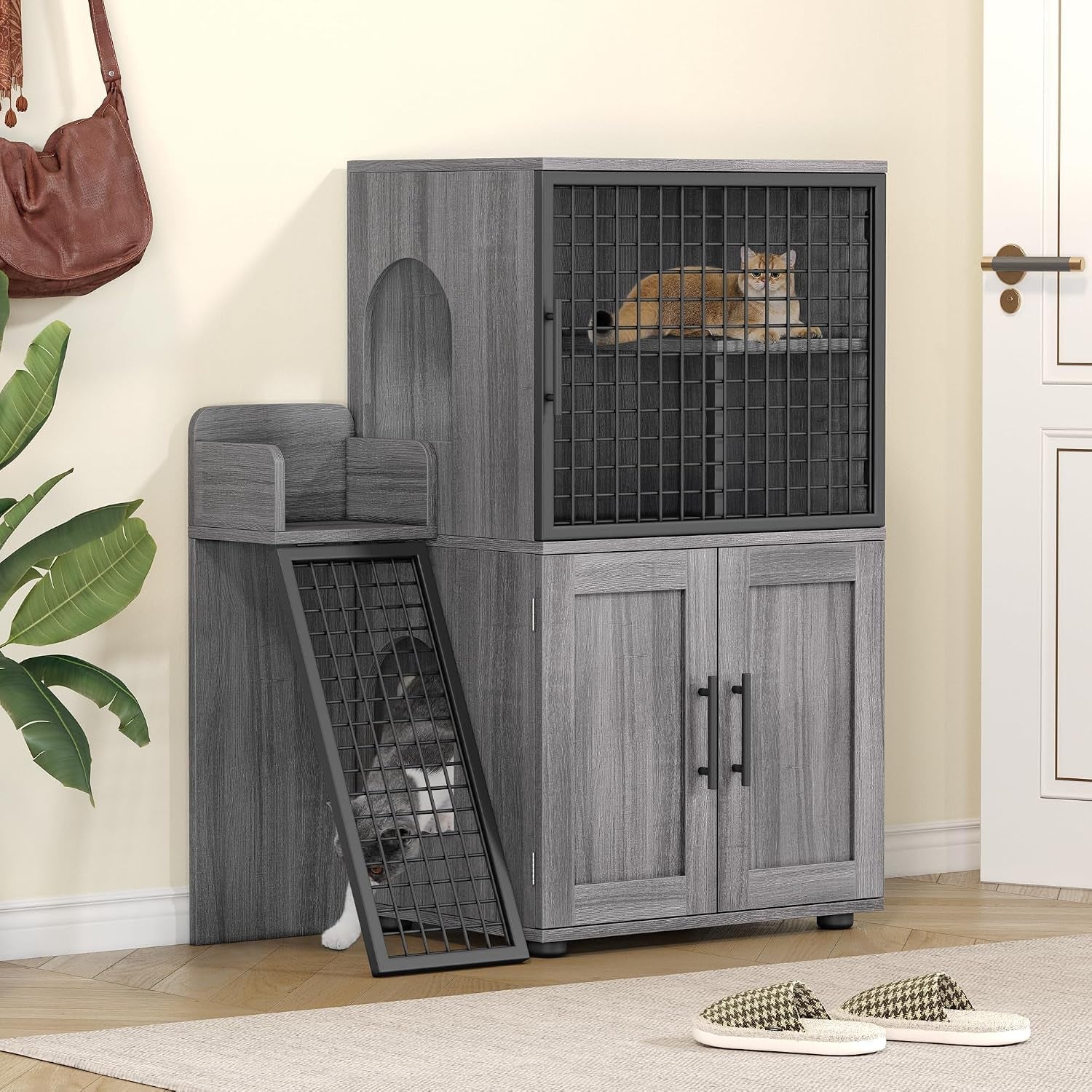idealhouse-modern-cat-litter-box-enclosure-with-platform-double-layer-hidden-litter-box-indoor-washroom-villa-cat-house-with-ladder-33-5-l-x-17-9-w-x-41-9-h-dark-grey