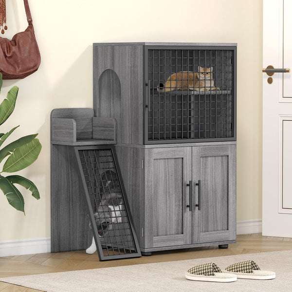 IDEALHOUSE Modern Cat Litter Box Enclosure with Platform, Double Layer Hidden Litter Box, Indoor Washroom, Villa Cat House with Ladder, 33.5" L X 17.9" W X 41.9" H,Dark Grey1
