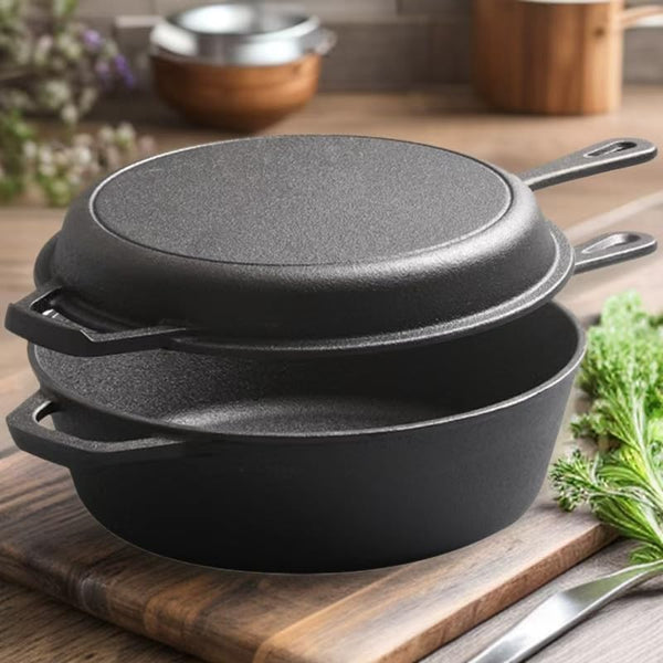 Cast Iron Double Dutch Oven Pot with Skillet Lid, Cast Iron Skillet 10 Inch & Dutch Oven 3 Quart for Grilling, Searing, Baking (3 Quarts)4