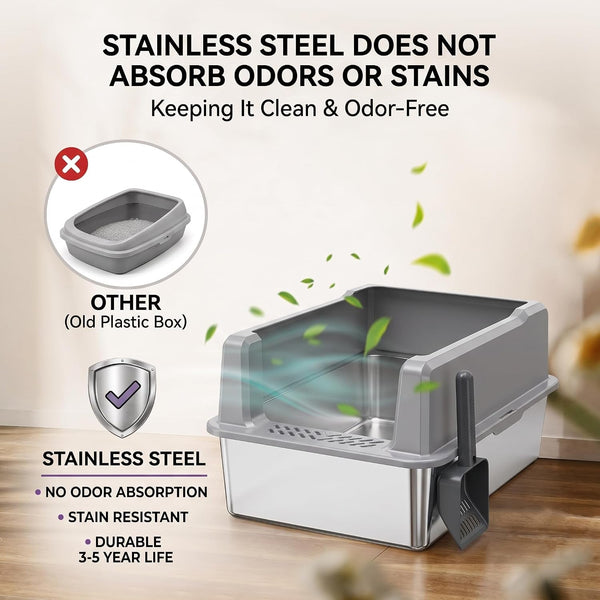 XXL Stainless Steel Cat Litter Box with Lid, 26X18X12 Inches | 12-Inch High Sides, for Big and Multiple Cats, Anti-Urine Leakage, Durable Metal2