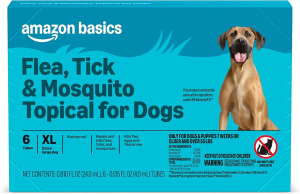 Amazon Basics Preventative Flea, Tick & Mosquito Topical Treatment for X-Large Dogs (Over 55 Pounds), Kills Fleas, Long-Lasting, 6 Count, Packaging May Vary1