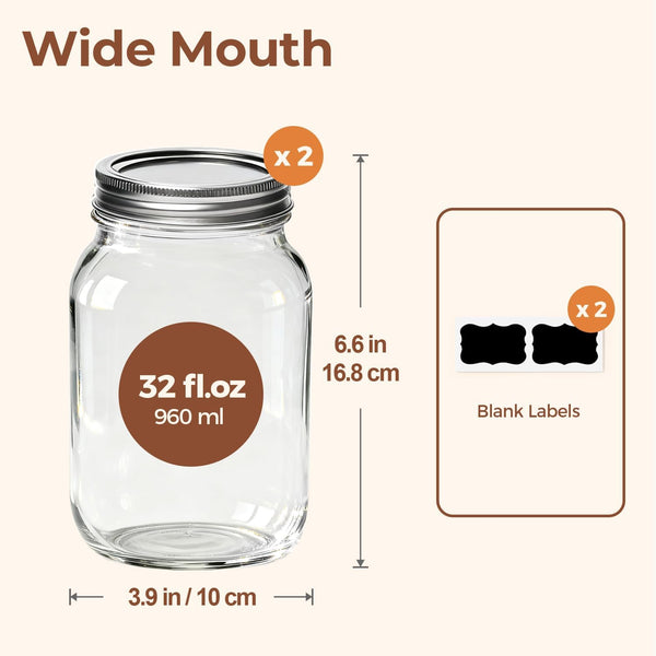32 Oz Wide Mouth Mason Jars 2 Pack Large Glass Jars with Lids | Bpa-Free Materials, Quart Size, Chunky Salsa, Canning Pickling Sauce, Meal Prep Salad, Sourdough, Jam Jelly, Meal Prep2