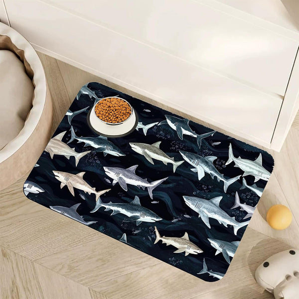 Cute Shark Dog Cat Food Mat,Absorbent Pet Feeding Mat with Rubber Backing,Non-Slip Water Bowl Placemat,Indoor Pet Accessories Supplies 12"X20"1