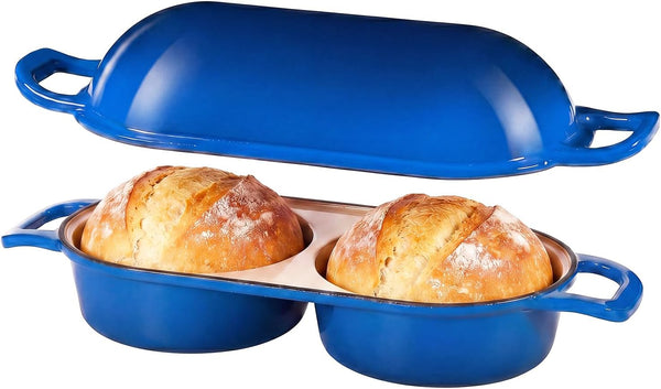 Cast Iron Dutch Oven for Sourdough Bread Baking, Mini Enameled Bread Pot with Lid, Nonstick Double Loaf Pan for Homemade Bread, Cake & Meatloaf, Oven Safe to 500°F, 16.5Cm Diameter, Blue1