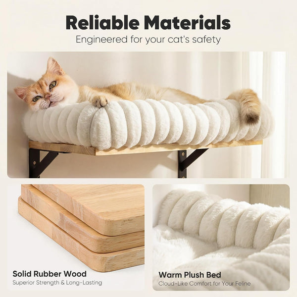FUKUMARU Cat Wall Shelves, 17 X 10 Inch, Soft Cushion | Solid Rubber Wood Floating Shelf with Upgraded Installation, Kitten Wall Furniture for Sleeping, Playing and Scratching3