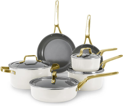 White 10 Piece Ceramic Cookware Set | Pots Pans for Family Meals | Include Saucepan, Saute Pan, Stockpot, Frying Pans, Oven Safe to 480°F, Dishwasher Safe, Non-Toxic PFAS Free, Induction Bases1