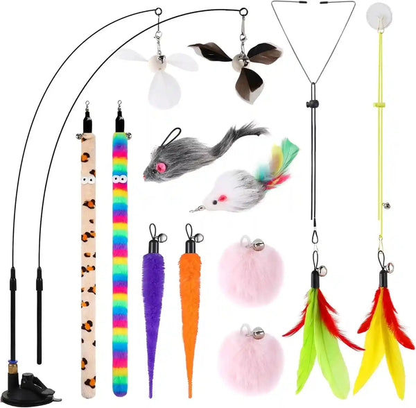 Soarer 4-In-1 Interactive Cat Wand Toy,12Pcs Durable Fishing Pole Cat Feathers Toys Replacements,Enhanced Suction Cup Cat Toy Floor,2 Types Door Hanging Cat String Toys for Indoor Kitten1