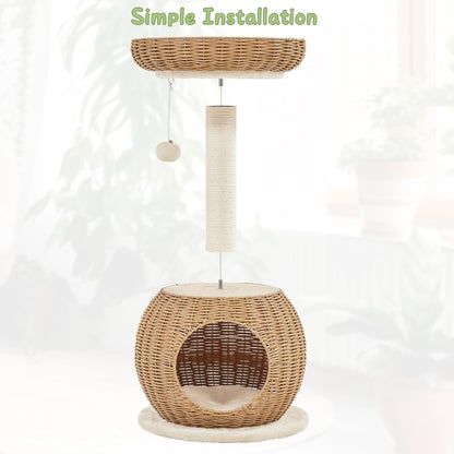 Yaheetech Cat Tree, 29.5In Rattan Cat Tower for Indoor Cats W/Scratching Post, Woven Cat Condo and Soft Cushion Top Perch, Aesthetic Cat Tree for Kittens | Boho PE Rattan Tower with a Hideaway Cubby and Top Window Perch, Fits Small Spaces and Corners as Decor, Assembles in Minutes9