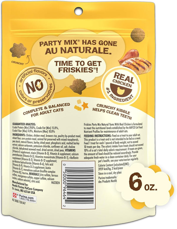 Purina Friskies Natural Cat Treats, Party Mix Natural Yums with Real Chicken & Vitamins, Minerals & Nutrients - (Pack of 6) 6 Oz. Pouches7