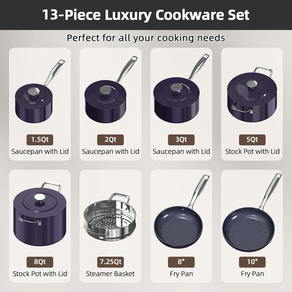 Lux 13Pc Forged Lightweight Nonstick Ceramic Cookware Set, Pfas-Free | Healthy G10 Duralon Ceramic Coating, Pots & Pans Set, Stay-Cool Handles, Metal Lids, All Cooktops & Induction Ready, Eggplant9