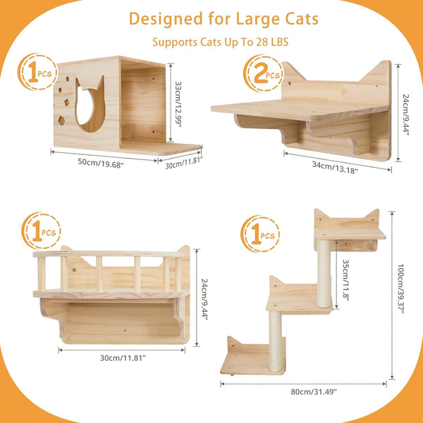 Cat Wall Shelves, 9-Piece Cat Wall Furniture for Large Cats | Solid Pine Wall Mounted Cat Furniture with Cat House, Cat Climbing Shelves, Ladder and Sisal Scratching Posts for Indoor Cats2