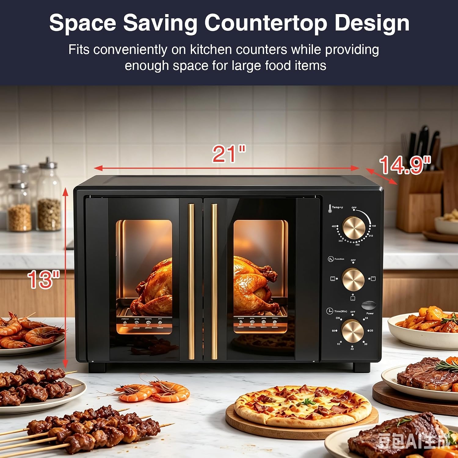 40-1qt-xl-french-door-countertop-oven-1600w-extra-large-toaster-oven-with-3-intuitive-knobs-infared-even-heating-for-12-pizza-whole-chicken-easy-to-use-stainless-steel-black