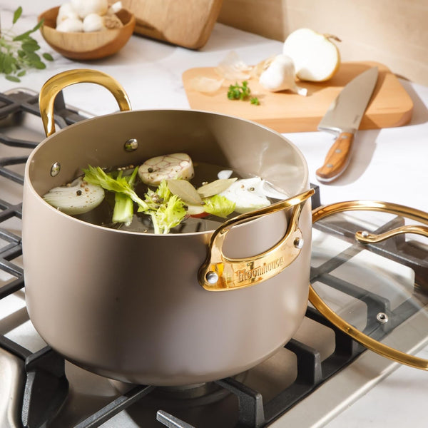Two Time Oprah'S Favorite Things Winner - 8 Quart Stock Pot W/Lid – Pfas-Free Ceramic Nonstick Dutch Oven Heavy Duty Aluminum Oven Safe Dishwasher Safe Cappuccino Cream W/Gold Handles8