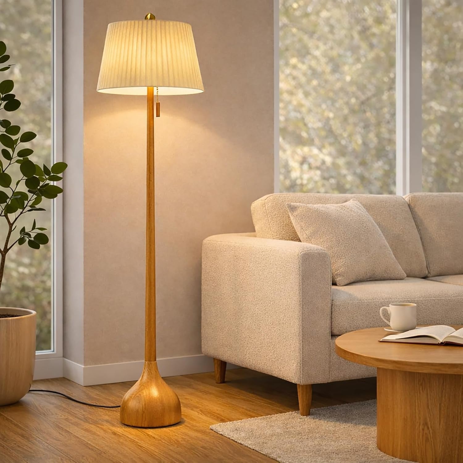 mid-century-modern-real-wood-floor-lamp-with-2-shades-for-two-looks-65-tall-sculptural-teardrop-base-wooden-pull-chain-vintage-standing-lamp-linen-shades-living-room-bedroom-bulb-included