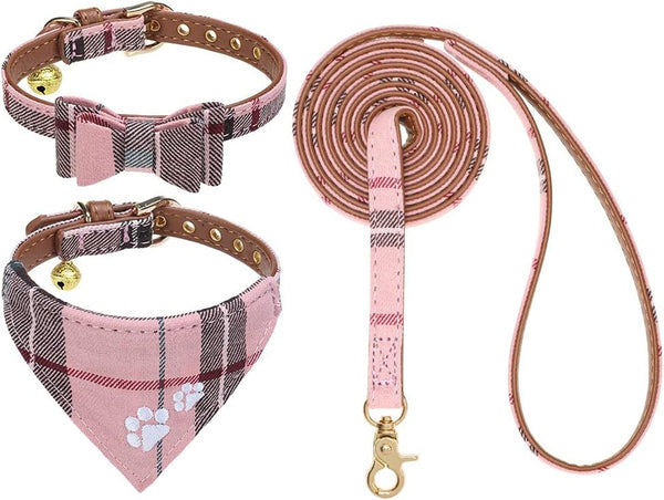 EXPAWLORER Puppy Collar and Leash Set - Embroidery Pawprints Plaid Dog Collar and Dog Leash Set, Bow Tie and Bandana Dog Collar with Bell, Cute Collar and Leash for Dogs Cats Outdoor Walking, Blue S9