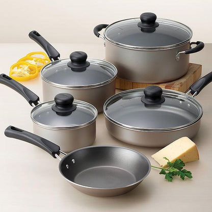 9 Piece Nonstick Cookware Set with Glass Lids, Pots and Pans Including Sauce, Dutch Oven and Sauté, Champagne Kitchen Collection4