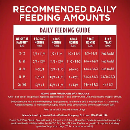 Purina ONE plus Wet Puppy Food Classic Ground Healthy Puppy Lamb and Long Grain Rice Entree - (Pack of 12) 13 Oz. Cans9