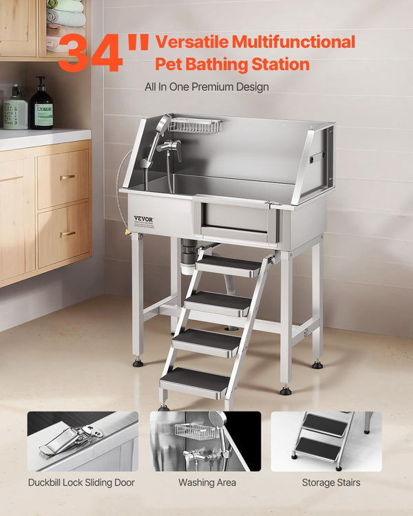 VEVOR Dog Washing Station, 34" Professional Stainless Steel Pet Grooming Tub Bathtub with Shower Faucet Soap Holder Non-Slip Stairs Right Door Easy Clean Pet Wash Sink for Small Dogs Cats2