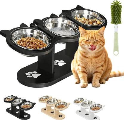 2026 New Anti-Slip Elevated 3-Bowl Pet Feeder, Cat Bowls with Stand Tilted, Stainlesssteel Cat Feeding Station, Ergonomic Elevated Cats Bowls with Wooden Base, Pet Feeding Station for Food & Water (E)1