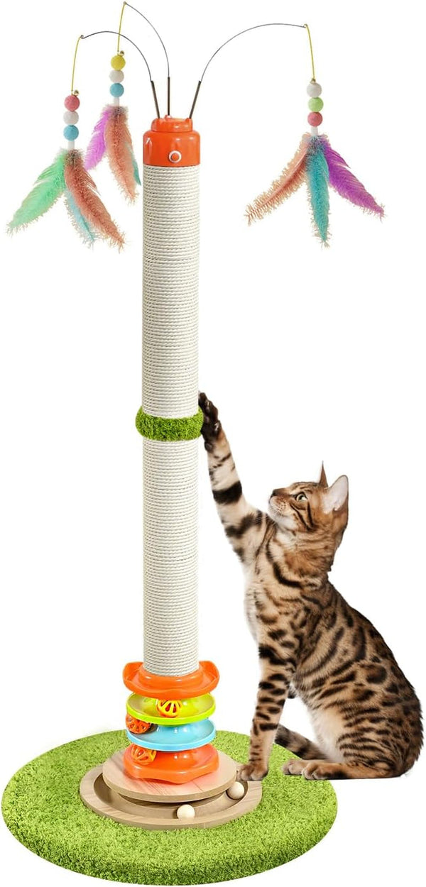 YARUOMY Tall Cat Scratching Post，40'' Cat Scratcher Tree Cat Toys for Indoor Cats with Cat Toys 4-Tier Roller Track，Automatically Rotating Cat Teaser Wand，Hanging Balls for Kittens Adults Cats2