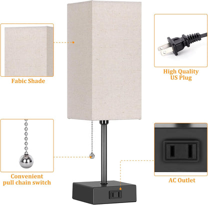15'' Bedside Table Lamp for Bedroom Small Night Light Lamps for Night Stand | Pull Chain Table Lamps for Night Stands with AC Outlet，Desk Lamp with 2 Bulbs Lamp for Living Room Kids Room Office Decor3