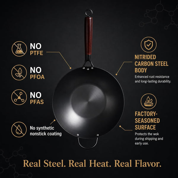 12.6-Inch Nitrided Carbon Steel Wok Pan, Flat Bottom, Induction | Fast-Heating Carbon Steel for Stir-Fries, Fried Rice and Noodles. Pfas-Free, Factory-Seasoned, Induction Ready; Serves 3-4.5