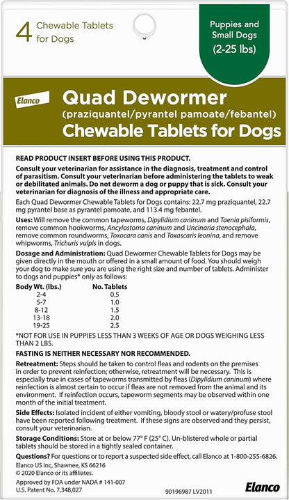 Elanco Chewable Quad Dewormer for Small Dogs, 2-25 Lbs, 4 Chewable Tablets, White2