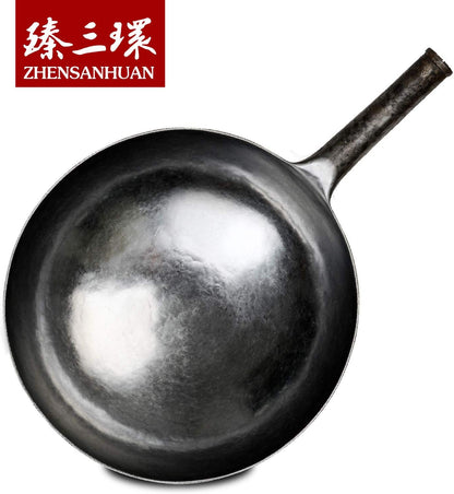 Zhensanhuan Chinese Hand Hammered Iron Woks and Stir Fry Pans, Non-Stick, No Coating, Less Oil, 章丘铁锅，Carbon Steel Pow (Seasoned 32CM)5