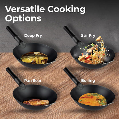 Carbon Steel Wok 1 Pack of 13.3 Inch Heavy-Duty Uniform Heat Distribution Pan Induction Compatible Flat Bottom Wok Welded Handle Black for Gas Stovetops and Grills5