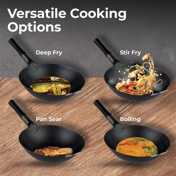 Carbon Steel Wok 1 Pack of 13.3 Inch Heavy-Duty Uniform Heat Distribution Pan Induction Compatible Flat Bottom Wok Welded Handle Black for Gas Stovetops and Grills5