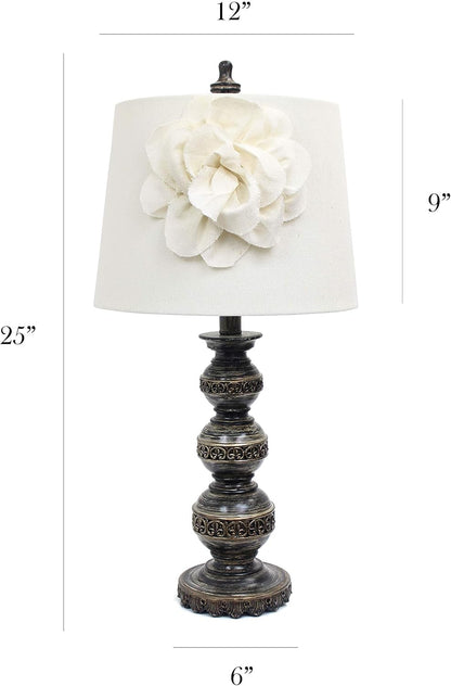 LT3097-WHT Stacked Ball Lamp with Couture Linen Flower Shade, Aged Bronze3