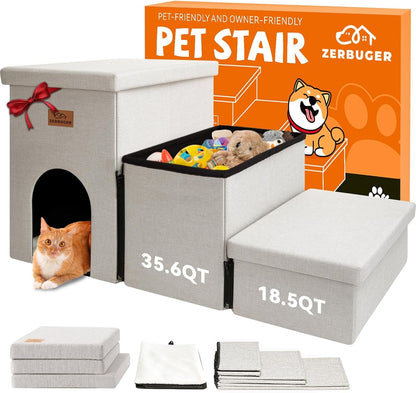 Zerbuger Wider Dog Ramp for High Bed with Storage 18" H, Foldable Dog Stairs for Small Medium Large Older Senior Animal, Sturdy Dog Step for Climbing Bed or Couch, Arthritis-Friendly (Gray, No Condo)28