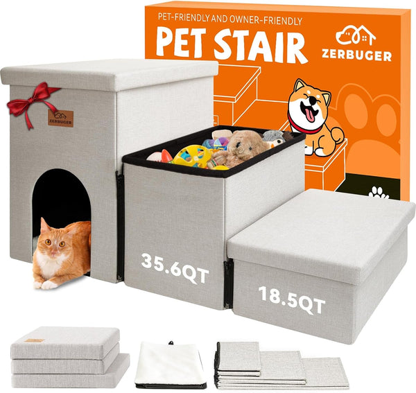 Zerbuger Wider Dog Ramp for High Bed with Storage 18" H, Foldable Dog Stairs for Small Medium Large Older Senior Animal, Sturdy Dog Step for Climbing Bed or Couch, Arthritis-Friendly (Gray, No Condo)28