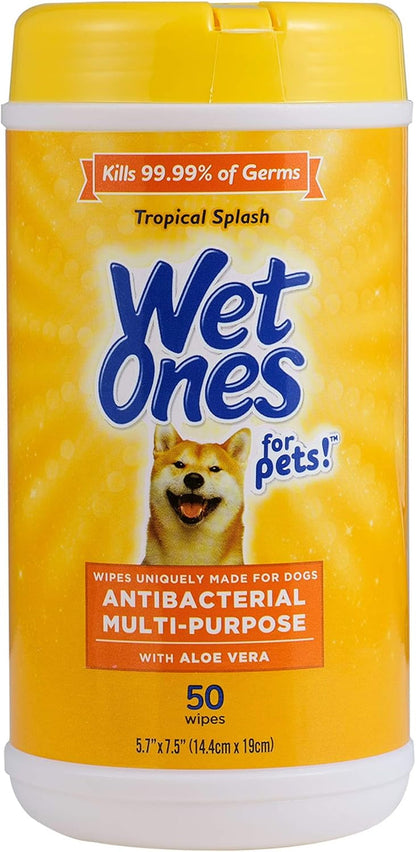 Wet Ones for Pets Antibacterial Dog Wipes, Tropical Splash, 50 Count | Multi-Purpose Grooming Wipes with Aloe Vera for Paws, Face, and Body; Easy Cleanups between Baths1