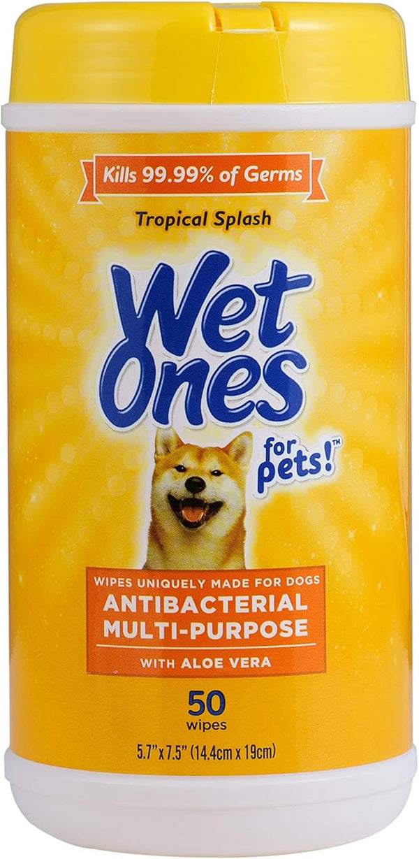 Wet Ones for Pets Antibacterial Dog Wipes, Tropical Splash, 50 Count | Multi-Purpose Grooming Wipes with Aloe Vera for Paws, Face, and Body; Easy Cleanups between Baths1