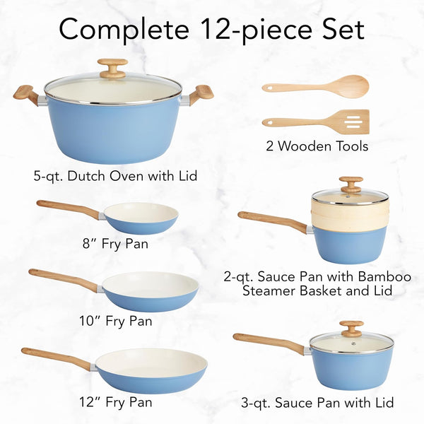 12-Piece Healthy Ceramic Titanium-Infused Cookware Set, Light Blue – Pots, Pans, Steamer, Spoon & Turner – Induction Cookware, Kitchen Pots & Pans Set, Nonstick Cooking Pan Set2