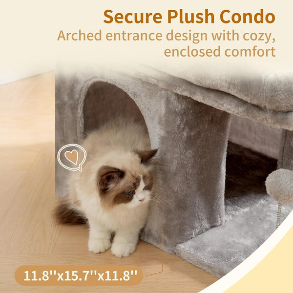 Heybly Cat Tree, 14" Cat Tower with Large Cat Bed & Condo HCT203SW | Cat Furniture for Indoor Cats Large Adult, Cat House with Scratching Posts and Spring Balls for Kittens, Light Gray4