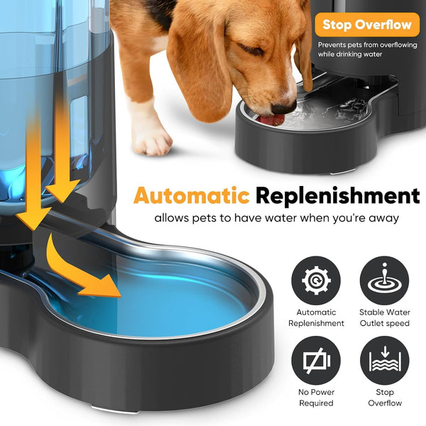 7L Automatic Dog Water Dispenser Bowl, Gravity Pet Water Dispenser with Stainless Steel Bowl, No Spilling Large Capacity Water Feeder for Dogs Cats (7L without Filter Black)4