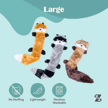 Zippypaws Skinny Peltz - No Stuffing Dog Toy Pack to Keep Them Busy, for Medium and Large Dogs, Squeaky Pet Toys, Unstuffed Chew Toys, Soft Plush Variety Pack, Fox, Raccoon, and Squirrel - 18"4