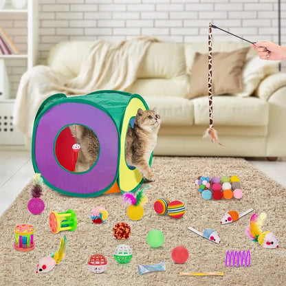 Retro Shaw 33 Pack Cat Toys for Indoor Cats, Collapsible Kitty Tunnel Tent with Feather Teaser Wand, Springs Balls Bell Mouse Interactive Kitten Hideaway Playhouse 15.7 Inches7