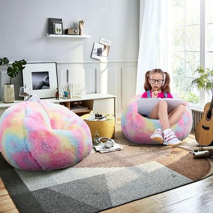 Fluffy Bean Bag Chair for Kids, 2.5FT round Memory Foam Filled Bean Bag for Teens & Kids, Ultra Soft Faux Fur Fabric Bean Bag Chairs for Playroom, Living Room, Bedroom, Rainbow2