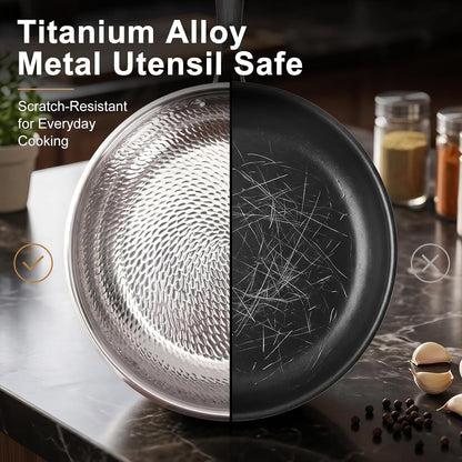 Titanium Pans for Cooking, 12-Inch Titanium Frying Pan with Lid, Non-Toxic Hammered Skillet, PFAS/PFOA/PTFE Free, Induction Compatible, Oven Safe, Dishwasher Safe3