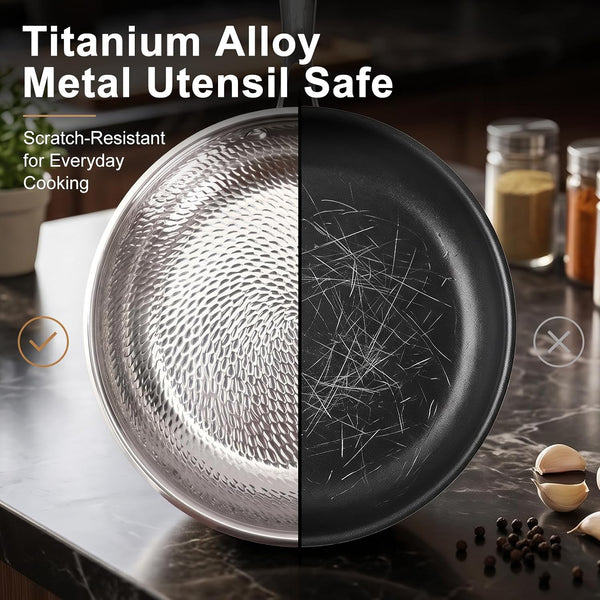 Titanium Pans for Cooking, 12-Inch Titanium Frying Pan with Lid, Non-Toxic Hammered Skillet, PFAS/PFOA/PTFE Free, Induction Compatible, Oven Safe, Dishwasher Safe3