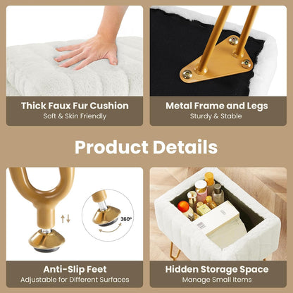Vanity Stool Chair Ottoman with Storage, Makeup Cute Soft Small Footstool Modern Style Faux Fur Seat with 4 Metal Legs & Adjustable Feet for Dressing Living Room Bedroom Dorm4